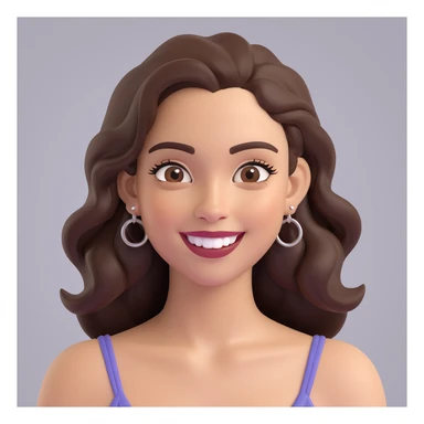 3D cartoon avatar in Memoji style young woman with light skin, cheerful smile, large almond-shaped dark eyes, thick curved eyebrows, long deep brown hair parted in the middle chin-length waves, silver hoop nose ring and earring on viewer's right, muted brown gradient background soft even lighting sticker
