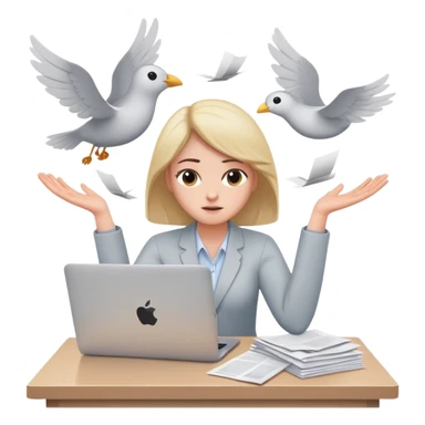 tired woman sitting at a desk with a MacBook, holding her arms out to the side, surrounded by flying papers sticker
