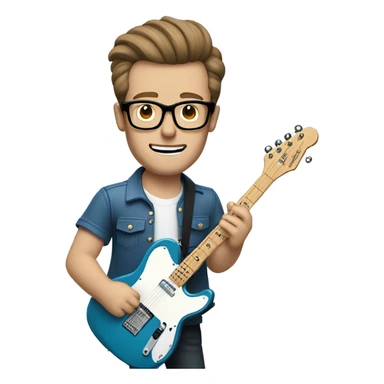 A nerdy white guy with glasses with short brown hair with a small quiff playing a blue classic telescaster sticker
