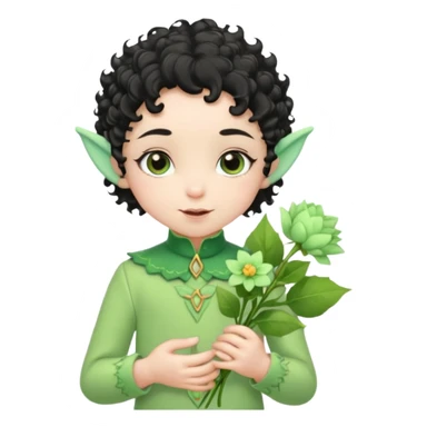 Tiny elf baby black curly hair with pointy ears\, pastel green outfit, hold flowers sticker