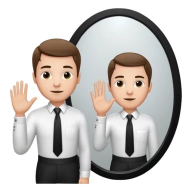 A man wearing a white dress shirt and black tie looking into a mirror holding up his hand. We should be seeing the back of the man and his reflection in the mirror. sticker