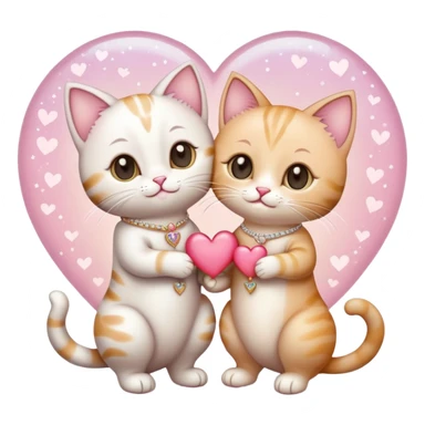 A cute cartoon-style emoji of a cat and a kitten in elegant wedding attire, standing side by side, holding paws, with tiny wedding rings and a small heart floating above them, surrounded by soft sparkles and a romantic pastel background. sticker