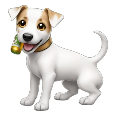 White jack russell terrier wagging his tail and drinking a beer sticker