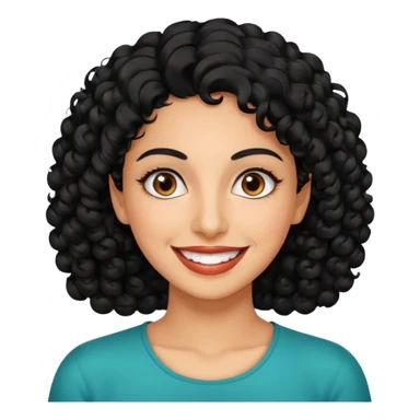 30 year old iranian woman very short curly black hair, big brown eyes, tanned skin, big smile, white teeth, pretty sticker