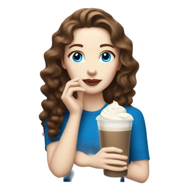 Pale skin women with brown wavy hair and blue eyes drinking ice latte  sticker