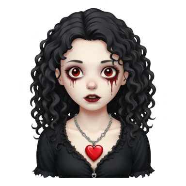 a zombie girl with a scar on her face, long curly hair, wearing a black blouse and a silver necklace with a heart pendant. sticker