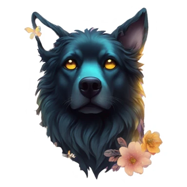 Black iridescent fluffy dog fox head zombie skull skeleton gold mechanical nebula galaxy stars colorful flowers fairy lights vintage sticker