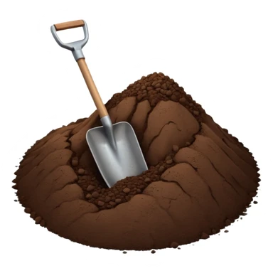 A 3D cartoon pile of dark brown soil with a small shovel inserted, rough texture, natural lighting, soft shadow, realistic Memoji-style rendering. sticker