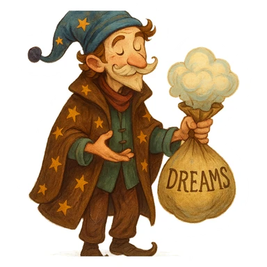 a dream seller character, whimsical and imaginative, holding a bag of dreams, no background, illustration style sticker