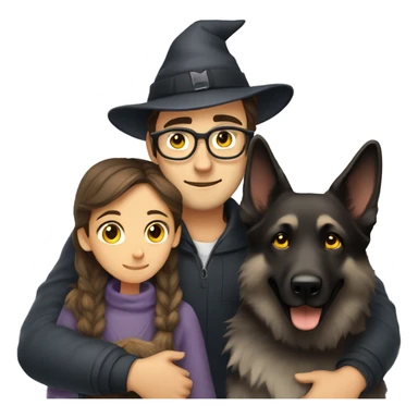 a man with brown hair and cozy hat, with grey eyes and black glasses hugging grey german shepherd dog witch has yellow eyes sticker
