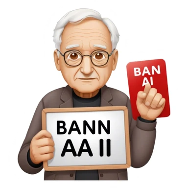 Frank Gehry with a "Ban AI" sign sticker