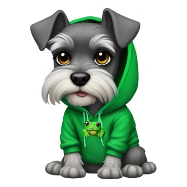 Mini schnauzer with a Kelly green frog hoodie sticker
