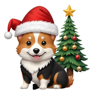 tricolor (black and red head) corgi with santa hat on and christmas tree near sticker