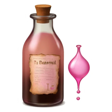 Mysterious Alchemical vintage glass potion bottle, exquisite bottle shape, old and shabby, with label, stylish and minimalistic, brown and pink, oil potion is poured out of the bottle, oil is spilled next to it sticker