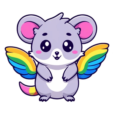colorful possum with rainbow wings, sparkly halo, lots of glitter sticker
