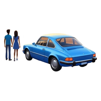A parked blue car sits quietly on the side of an open road, facing a breathtaking sunset. Two people stand outside, backs turned, watching the horizon. The road stretches endlessly ahead, surrounded by a peaceful, glowing landscape full of light, warmth, and possibilit sticker