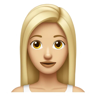 Mujer con cabello rubio lacio, bajo el hombro, con flequillo de lado, frente amplia y aros de argolla. Con una polera con cuello en color beige con cuello. sticker