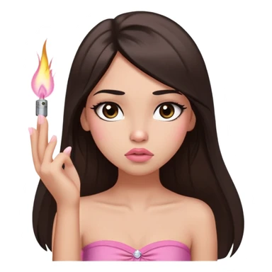 girl with lighter skin, dark brown long straight hair falling in front of her body, pouty shiny lips without cupid's bow, large eyes, lighter button nose, long oval-shaped face, wearing a pink bandeau top with straight neckline, looking directly at camera with hands down at sides sticker