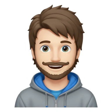 25 year old man, short scruffy beard and thin moustache, brown puffy mullet, blue eyes, big smile, white teeth, big lips, pronounced jaw, hair longer in back, sticking up on top, thin face, grey hooded sweatshirt, pale skin, big smile, blue eyes, puffy hair sticker