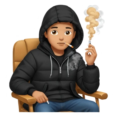 A man sitting on a chair, wearing a black puffed coat with hood, hands in his pocket, smoking a cigaret, he is on a chair i sticker