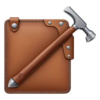 Leatherworking icon, leather piece with visible stitching, hammer and chisel, leather tools, textured surface, minimalistic style, clean lines, transparent background. sticker