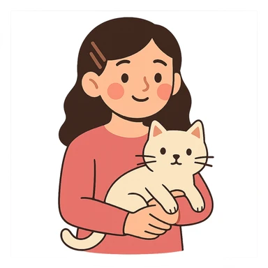 flat toon style character with dark brown hair clipped back with a hairpin, sweet eyes, pink clothes, cat in arms sticker