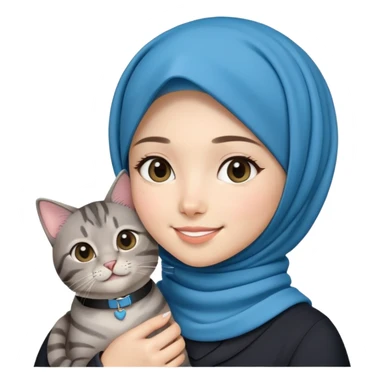 Asian White girl wearing cute hijab holding a black grey tabby cat while smiling. The cat is wearing a blue collar sticker