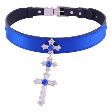 gothic choker with sapphire blue satin band, silver cross pendant, blue gemstone centerpiece, sparkling white effect, elegant and gothic sticker