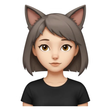 a girl with short brown wolf cut , grey cat ears and a tail, with a black t-shirt on sticker