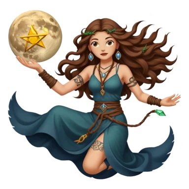 moon druid woman long wavy brown hair tattoos pulling rune card from air sticker
