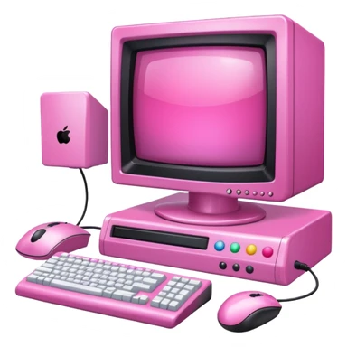 shiny pink transparent sparkly 90s computer with CRT monitor, keyboard, PC tower, mouse sticker