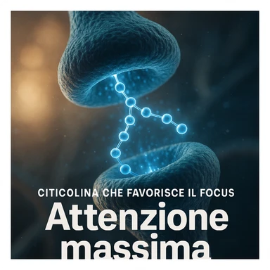 Citicolina che favorisce il focus, iper realistico, molecola blu che attraversa sinapsi, scritta 'Attenzione massima', atmosfera motivazionale, dettagli realistici sticker