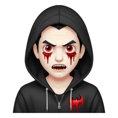 Vampire with gray white skin and full white eyes and bloody fangs and a black hoodie and scary face and black hair  sticker