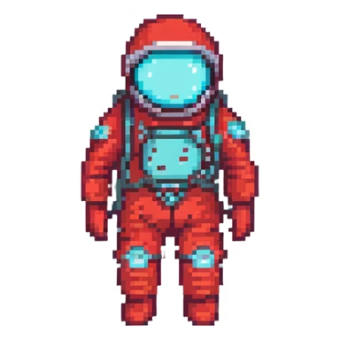 a man in a red spacesuit with a cyan visor, pixel art style sticker