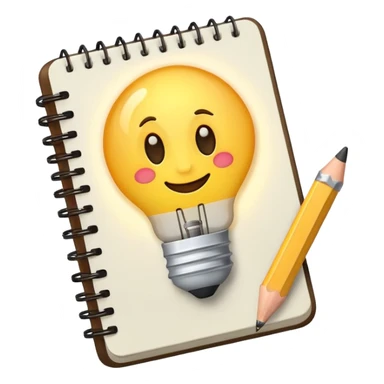 Emoji of a notebook with a pencil and a glowing lightbulb on the cover, iPhone emoji style. Flat design, smooth gradients, rounded edges, soft shadows, clean look, white background. sticker