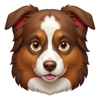A tri color Australian shepherd with a chocolate brown base coat, red/gold fur on his eyebrows and snout/cheeks, a white chest, and gold eyes. No white on his face, only brown and gold. sticker