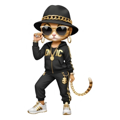 female cat wearing Run DMC hip-hop outfit with tracksuit, fedora, Adidas sneakers, dark sunglasses, many gold chains, rings, bracelets, flashy earrings, upright pose sticker