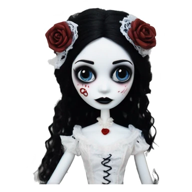 full height, tim burton "corpse bride", porcelain doll with a cracked face, goth makeup watery eyes, long hair, lace and ruffles, lolita style, inked, black and white, red roses sticker