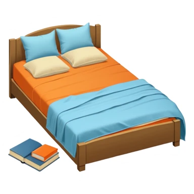 bed with a wrinkled light blue blanket, cream mattress, and one pillow out of place on the floor. Around the bed, scattered items include an orange t-shirt, greenish-blue pants, and an open book on the floor. The background is transparent sticker