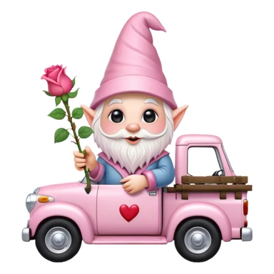 An adorable little pale pink Valentine’s Day style gnome with large glistening eyes, holding a rose with hearts in the background riding in the back of a beat up old pick up truck sticker