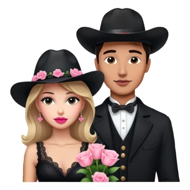 man with black cowboy hat and elegant woman, Eiffel Tower in background, pink delicate flowers sticker