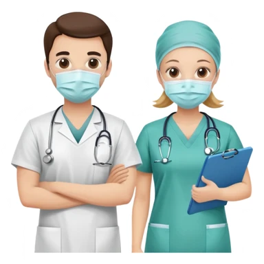 Doctor with surgical mask and scrubs next to another doctor with clipboard sticker