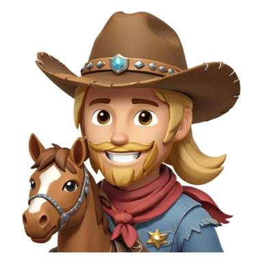 clash-of-clans-aesthetic_-cinematic-playful-cowboy-portrait-emoji, head-tilted with a roguish, cheeky grin and twinkling eyes, featuring a rugged, spirited build with a wide-brimmed cowboy hat and a weathered bandana on tan skin, riding a powerful galloping horse with dynamic flowing mane, reins gripped firmly in one hand and a lasso in the other, as dust swirls behind them in a vast desert landscape. sticker