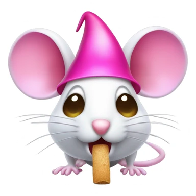 A mouse with full hot pink hair is holding a mushroom by the stem and looking down at it while opening his mouth widely to try to eat the entire cap in one bite. He has long eyelashes too sticker