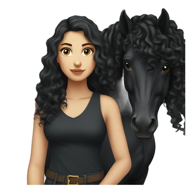 White girl, black shirt, long black curly hair, standing next to  black arabian horse sticker