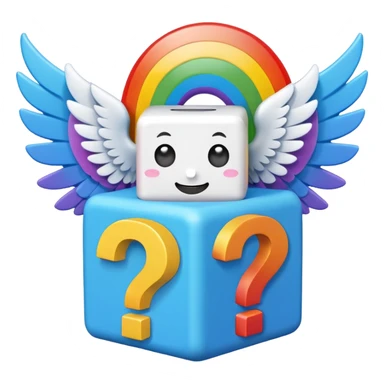  mainly blue and rainbow, the blue being the block itself. The rainbow parts are question marks, corner and smile. It has 2 white wings on each side like the other Lucky Blocks. sticker