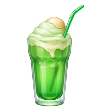 Create an emoji with a clear rounded glass, bright transparent green soda, vanilla ice cream scoop
 sticker