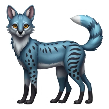 Realistic patterned marked edgy cute cool bluish greyish blackish whitish silvery coppery Shiny Colorful Dusky Dark Gloomy Glossy Maned-Wolf-Genet-Caracal-Lion-Bobcat-fusion-animal-hybrid-creature, full body, tufted ears, long thin tufted tail sticker
