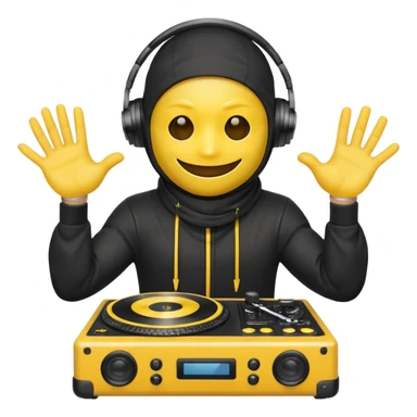 Make a customized yellow head emoji with hands and holding a dj turn table  in a  ninja face mask sticker
