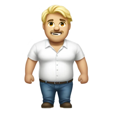 blond big man with white shirt with stains and belly sticker